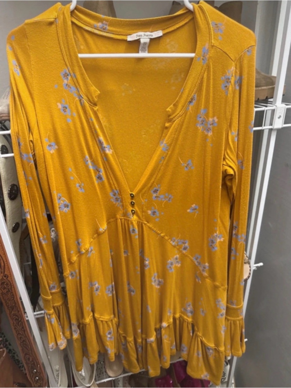 Free People Golden Mustard Floral Button-Front Long Sleeve Dress